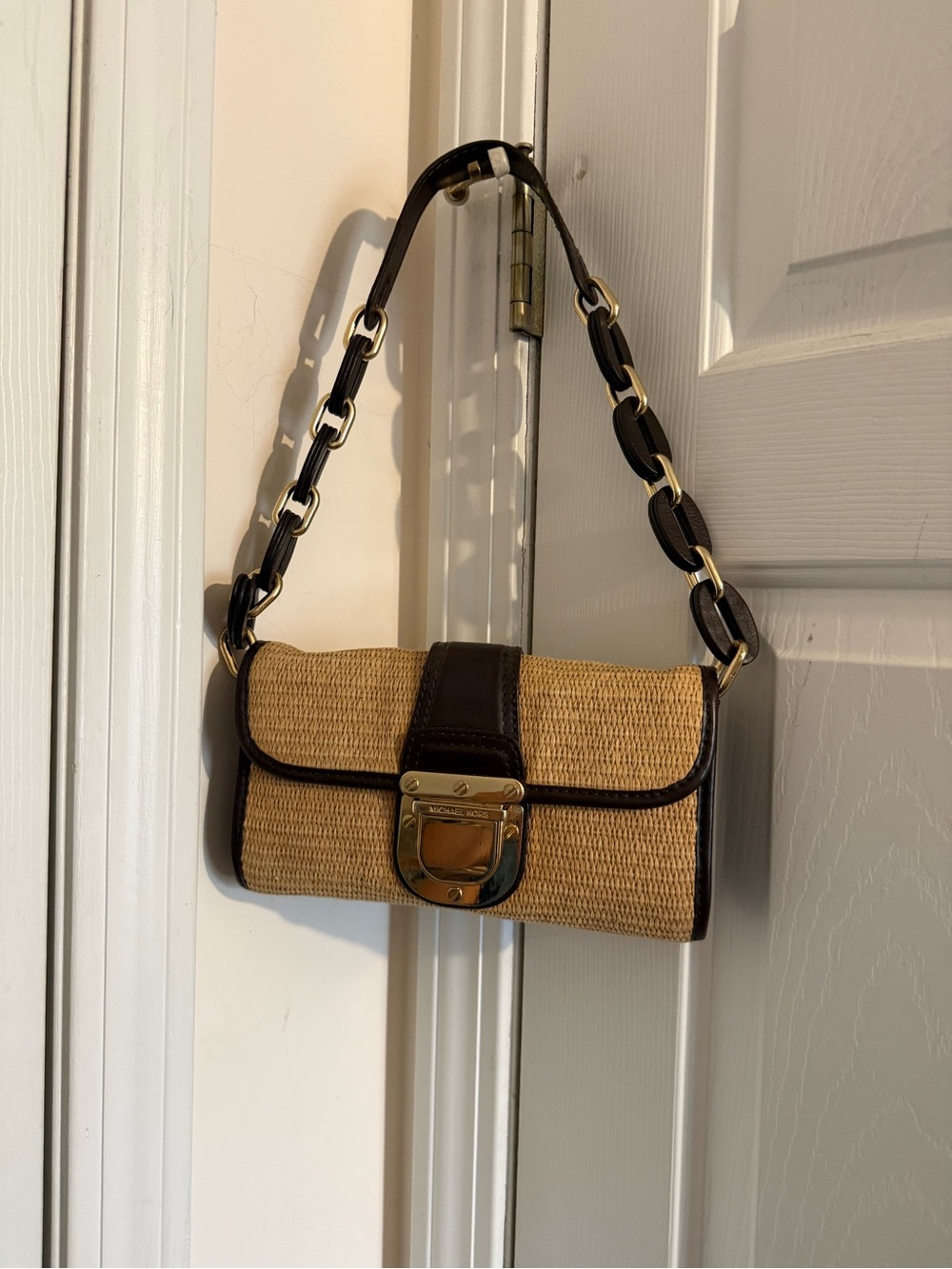 MICHAEL Michael Kors Straw Shoulder Bag with Dark Brown Trim and Gold Hardware